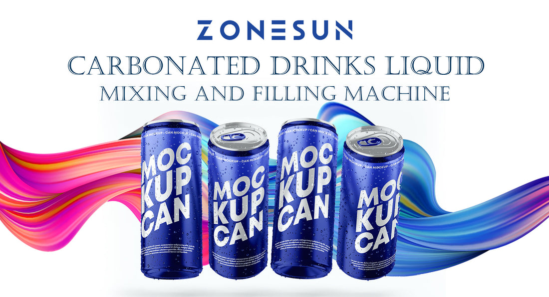 Blue mockup cans with water droplets and vibrant colorful fluid waves, Zonesun carbonated drinks filling machine