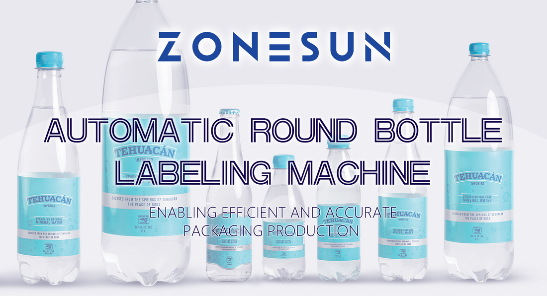 Tehuacán sparkling natural mineral water bottles in various sizes with ZONESUN automatic round bottle labeling machine text