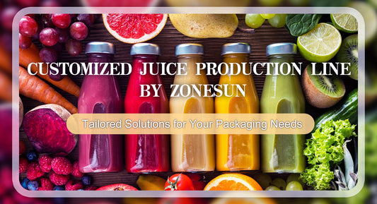 Bottles of colorful fresh juices with assorted fruits and vegetables promoting customized juice production line