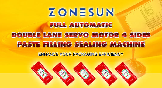 Zonesun automatic double lane servo motor 4 sides paste filling sealing machine with ketchup packets on yellow background