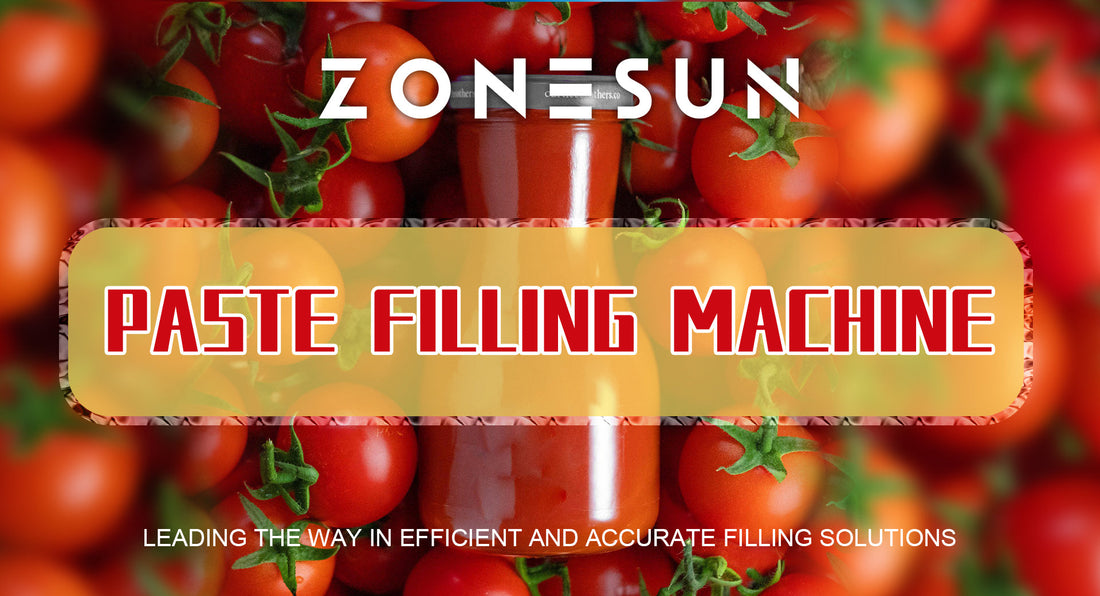 Jar of tomato paste surrounded by fresh tomatoes with Zonesun paste filling machine text