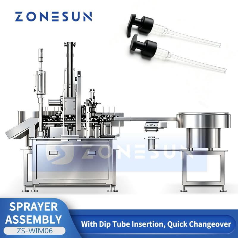ZONESUN ZS-WIM06 Automatic Lotion Pump Assembly Machine with Dip Tube Cutting and Robotic Pick and Place System