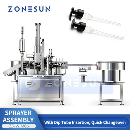 ZONESUN ZS-WIM06 Automatic Lotion Pump Assembly Machine with Dip Tube Cutting and Robotic Pick and Place System