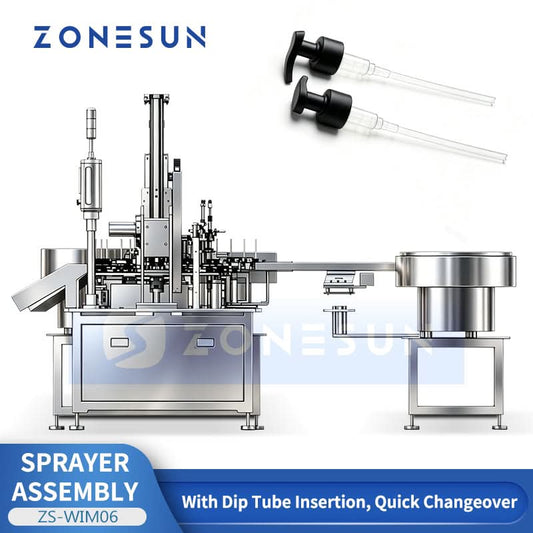 ZONESUN ZS-WIM06 Automatic Lotion Pump Assembly Machine with Dip Tube Cutting and Robotic Pick and Place System