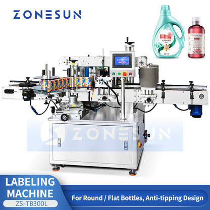 ZONESUN ZS-TB300L Automatic Round & Flat Bottle Labeling Machine | 30-100 Bottles/Min Dual-Use Labeler