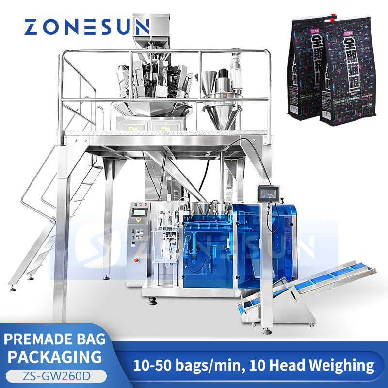ZONESUN ZS-GW260D Automatic Powder Packaging Machine | Premade Bag Feeding Packing System with 10-Head Combination Weigher  ZONESUNPRO