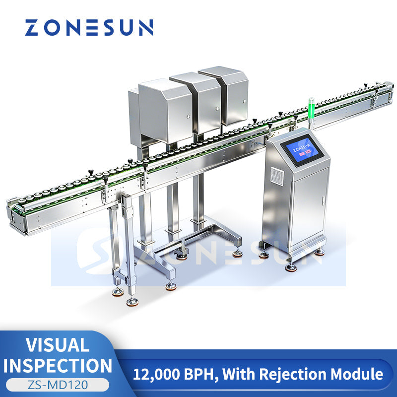 ZONESUN ZS-MD120 Automatic Inline Bottle Visual Inspection System | Auto Reject for Bottle Cap & Label Defects