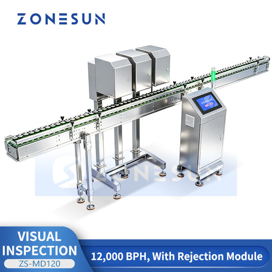 ZONESUN ZS-MD120 Automatic Inline Bottle Visual Inspection System | Auto Reject for Bottle Cap & Label Defects
