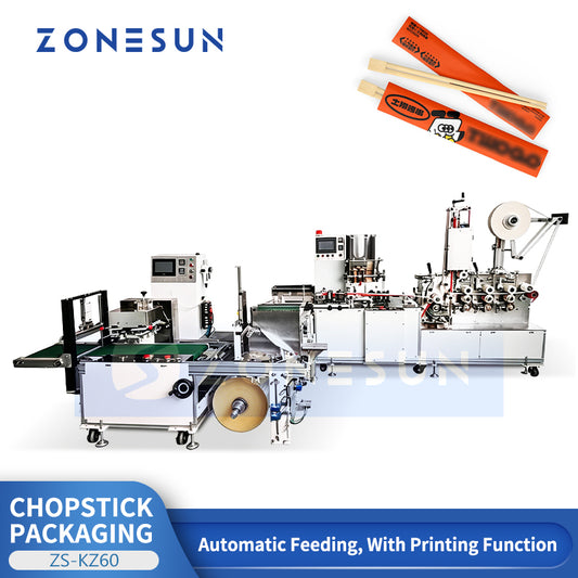 ZONESUN ZS-KZ60 Automatic Disposable Chopstick Packaging Machine with Paper Sleeve Printing, Filling, Sealing and High Speed Packing System