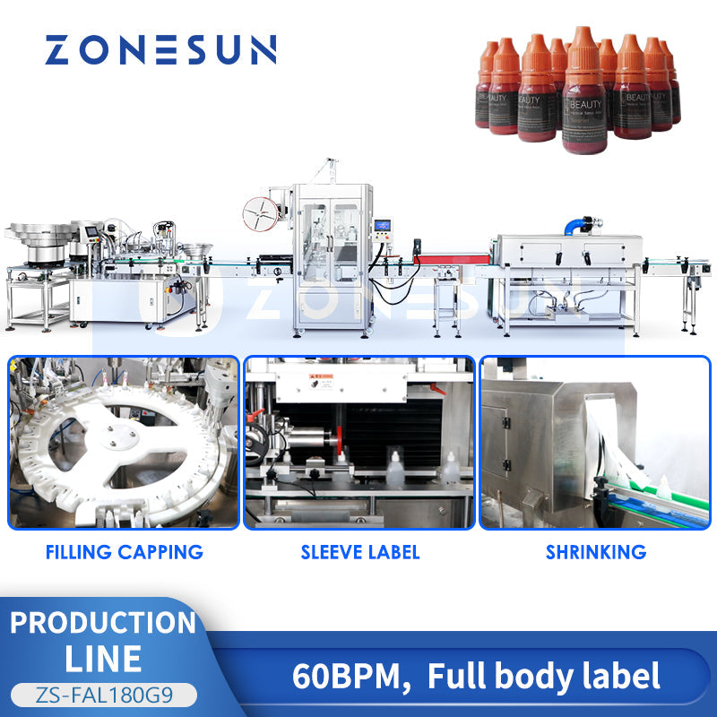 ZONESUN ZS-FAL180G9 Automatic Eye Drop Cam System Filling Capping Shrink Sleeve Labeling Production Line Irregular Bottle Biological Extract Liquid Peristaltic Pump Filling Machine