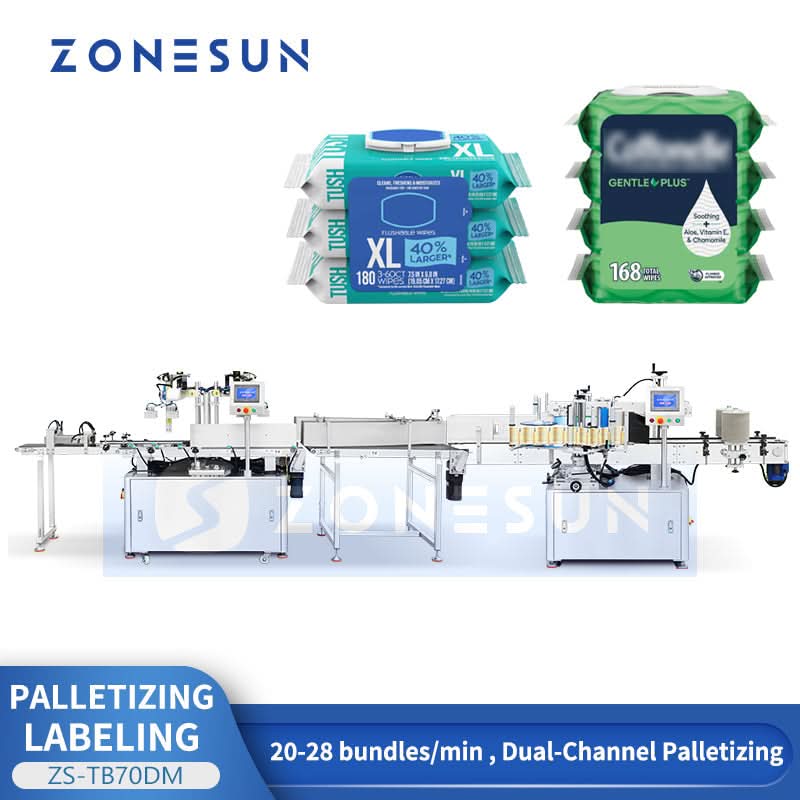 ZONESUN ZS-TB70DM Automatic Dual-Lane Bundle Stacking Palletizing & Double-Side Labeling Line