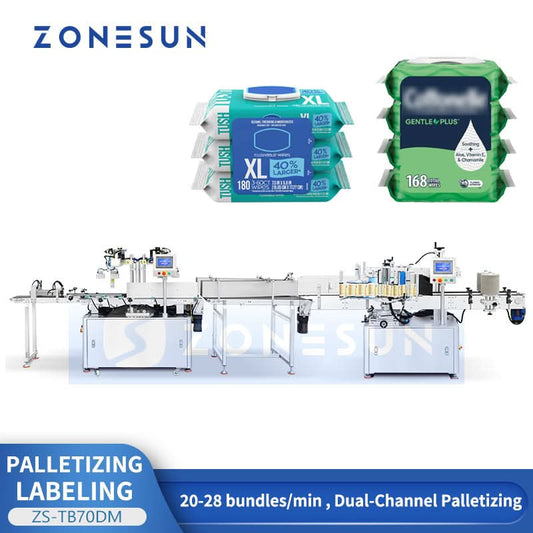 ZONESUN ZS-TB70DM Automatic Dual-Lane Bundle Stacking Palletizing & Double-Side Labeling Line