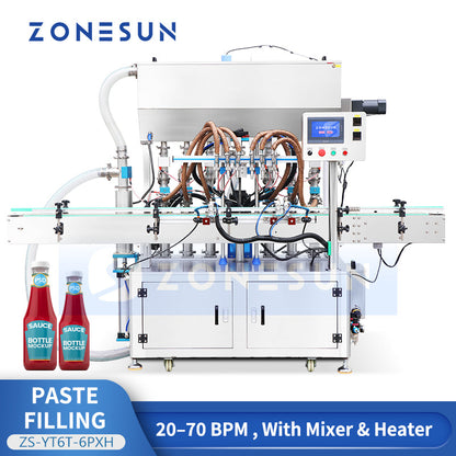 ZONESUN ZS-YT6T-6PXH Servo Piston Paste Filling Machine With Heat Mixer for Viscous Products