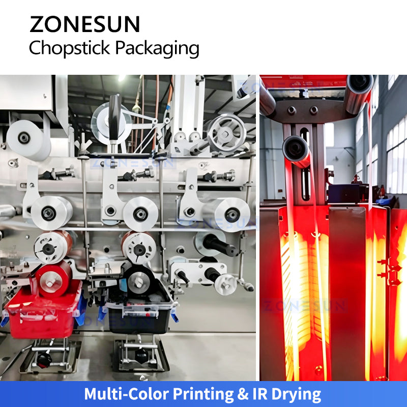 ZONESUN ZS-KZ60 Automatic Disposable Chopstick Packaging Machine with Paper Sleeve Printing, Filling, Sealing and High Speed Packing System