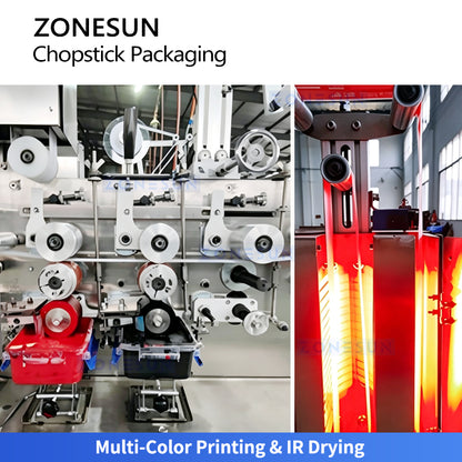 ZONESUN ZS-KZ60 Automatic Disposable Chopstick Packaging Machine with Paper Sleeve Printing, Filling, Sealing and High Speed Packing System