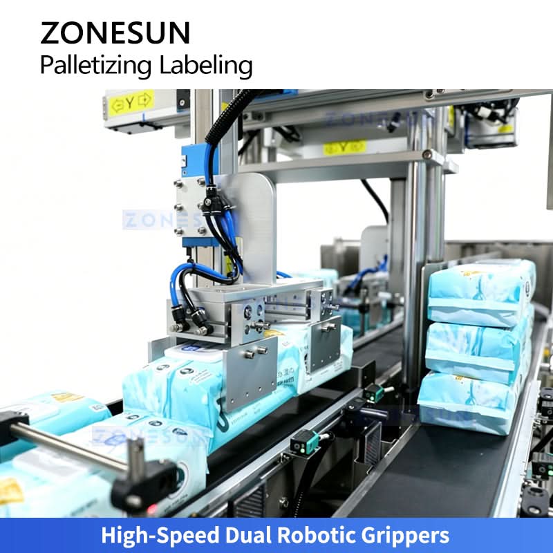 ZONESUN ZS-TB70DM Automatic Dual-Lane Bundle Stacking Palletizing & Double-Side Labeling Line