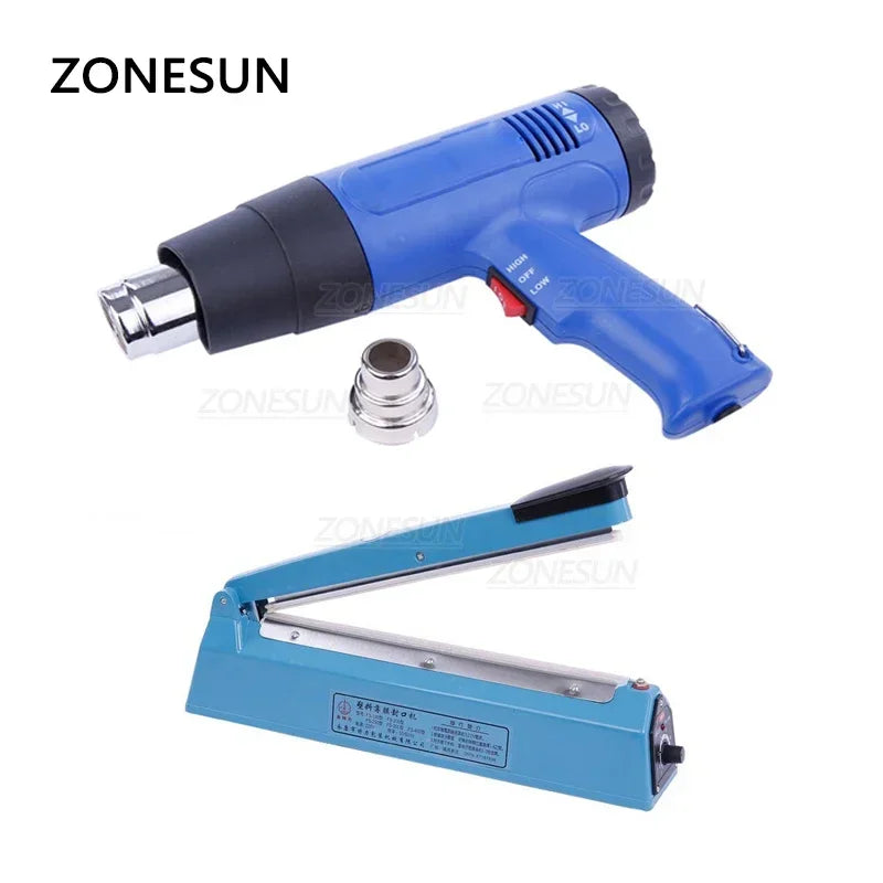 ZONESUN Manual Plastic Shrink Film Sealing Machine Box Book Phone Poker Sealer Heat Wind Gun
